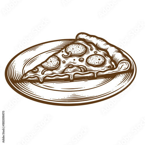Drawing Vintage grunge  texture A slice of pizza on a plate with melted cheese and toppings in a brown illustration style  a delicious food image