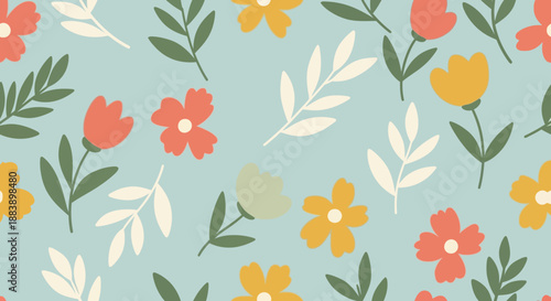 Colorful floral pattern with pastel background and vibrant flowers.