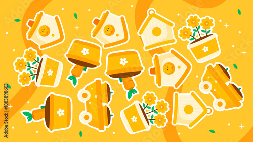 Bright yellow pattern featuring blooming flower pot birdhouse and wooden garden cart icons