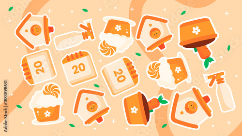 Soft orange pattern with birdhouse calendar cupcake flower pot and spray bottle elements