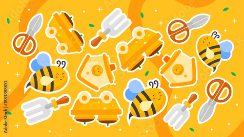 Gardening tool pattern with scissors fork birdhouse honey bee and wooden cart icons