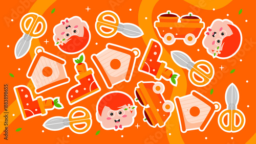 Dark orange pattern with smiling boy face garden scissors birdhouse boot and cart