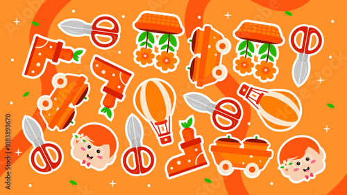 Seamless background featuring orange garden tools scissors hot air balloons and cute boy faces on a wavy backdrop
