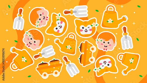 Playful yellow pattern showing watering cans gardening forks cat faces and boy faces on an orange background