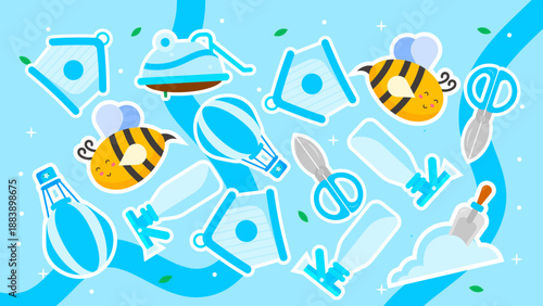 Cool blue seamless pattern with cute bees birdhouses spray bottles and hot air balloons on a wavy blue base