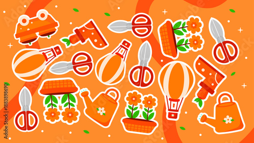 Vibrant orange pattern with hot air balloons flower pots watering cans and gardening shears on a wavy background
