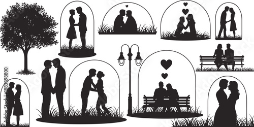 Romantic couple silhouettes, kissing, hugging, holding hands, sitting together, love, hearts, tree, bench, street lamp, relationship, affection