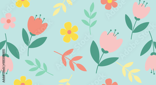 Colorful floral pattern with pastel flowers and leaves.
