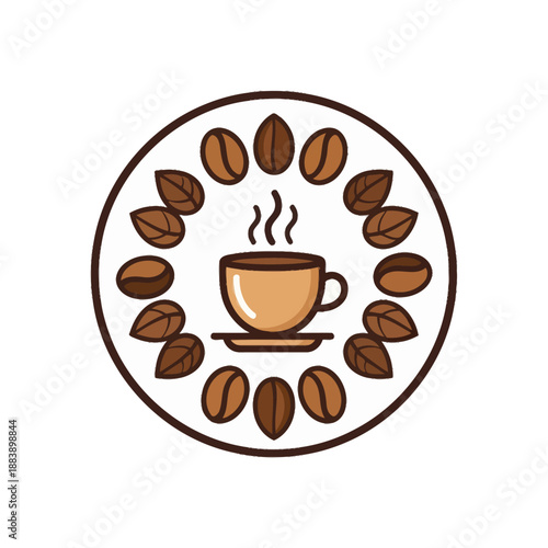 Minimalist coffee-themed emblem with steaming cup surrounded by roasted coffee beans for caf? branding and organic beverage design