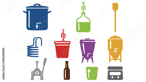 A colorful illustration of various home brewing equipment and tools.