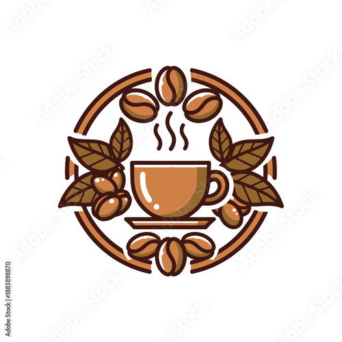 Warm Coffee and Coffee Beans Illustration with Aromatic Leaves Design for Caf? Branding and Coffee Shop Decor