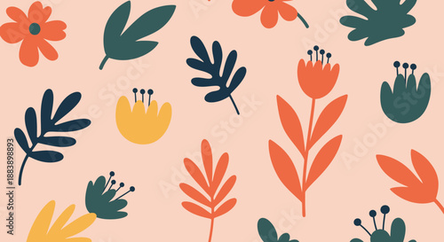 Colorful floral pattern with leaves and flowers on peach background.