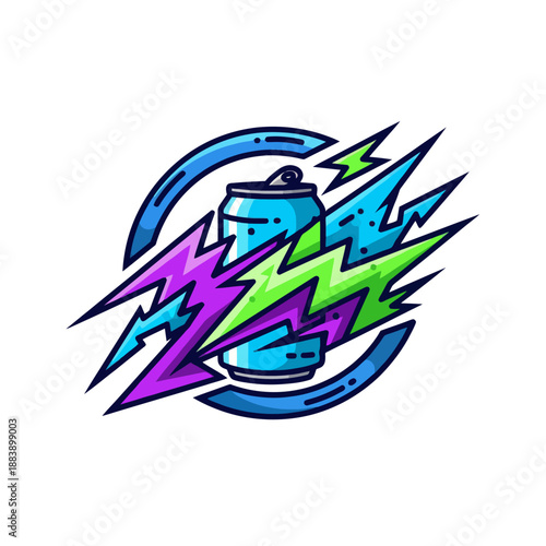 Dynamic abstract illustration of a energy drink can surrounded by lightning and vibrant colors conveying power and vitality in a
