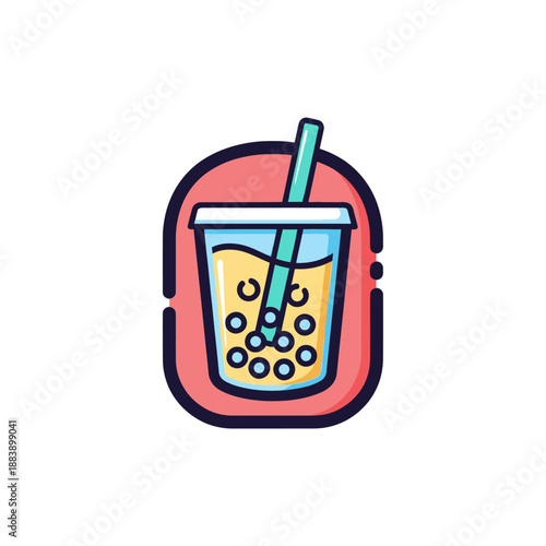 Cute colorful cartoon-style juice box with a straw and bubbles illustrating a playful beverage design