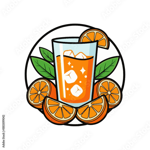 Refreshing citrus beverage with ice slices surrounded by vibrant orange slices and green leaves highlighting a cool summer drink
