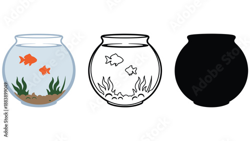 Three different illustrations of fish bowls on a white background