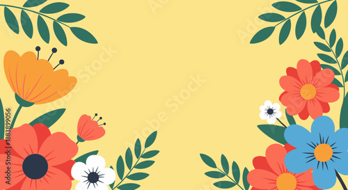 Vibrant floral pattern with colorful flowers and leaves on yellow background.