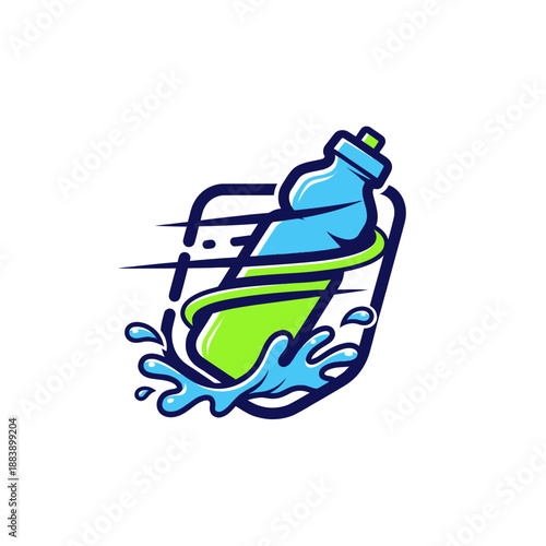 Cartoon illustration of a water bottle resting on a shopping cart speeding through water creating splash effects a fun vibrant