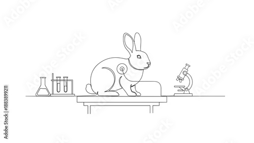 Line art illustration of rabbit lab test for zoo clinic research, labtest-free concept awareness, veterinary science blogs, and ethical product websites