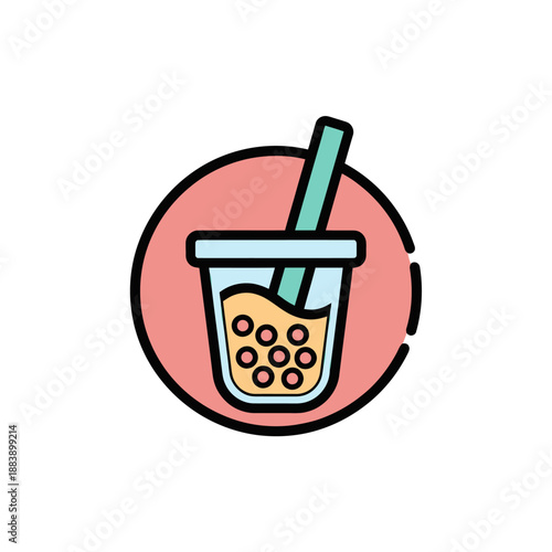 Simple and colorful illustration of a bubble tea with tapioca pearls and a straw in a minimalistic style suitable for various