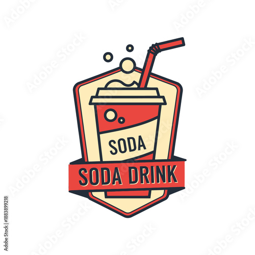 Vibrant and modern soda drink badge with a straw and effervescent bubbles highlighting refreshment and beverage packaging design