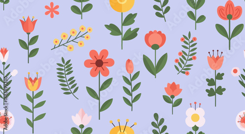 Colorful floral pattern with various flowers and leaves on a light blue background.