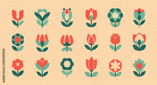 Collection of red tulip illustrations in various styles.