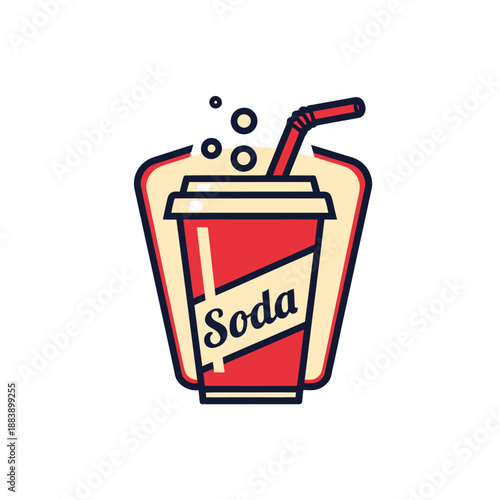 Vibrant cartoon style soda cup with straw and bubbles, playful beverage illustration for branding or seasonal designs