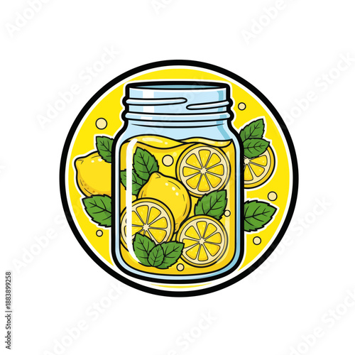 Vibrant Fresh Lemon Drop Preserve in a Glass Jar with Mint and Lemon Slices Central to Nutritional and Refreshing Eco-Friendly