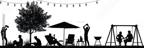 silhouette, backyard, barbecue, family, gathering, swing, tree, party, outdoor, summer, children, friends, picnic, leisure, celebration,