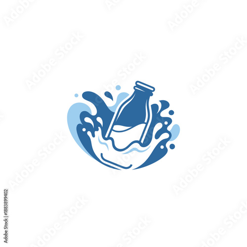 Dynamic splash of a glass bottle with water illustrating refreshment and energy in vibrant blue tones capturing movement