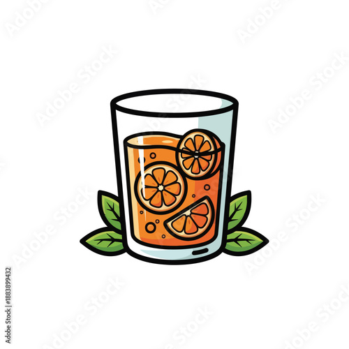 Refreshing citrus soda with slices of oranges and mint leaves in a transparent glass for a cool beverage experience