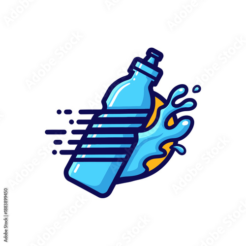 Dynamic illustration of a water bottle splashing in motion with vibrant colors and energetic lines capturing movement and