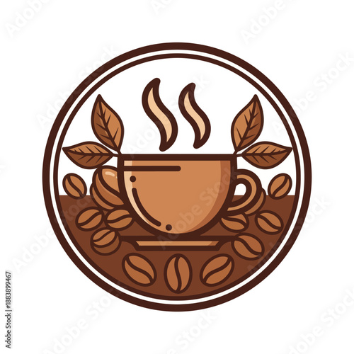 Warm aromatic coffee cup surrounded by coffee beans and fragrant leaves in a cozy, inviting coffee aroma illustration perfect