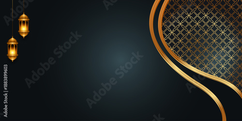 Ramadan Kareem Islamic background dark banner. Eid Mubarak luxury template design with gold pattern