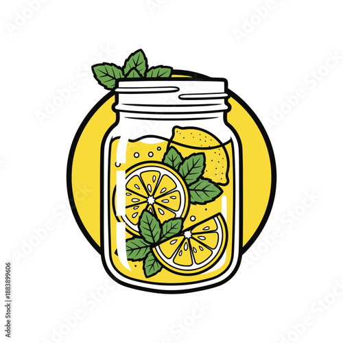 Refreshing citrus and mint-infused beverage in a jar with vibrant yellow background for summer cooling and healthy hydration