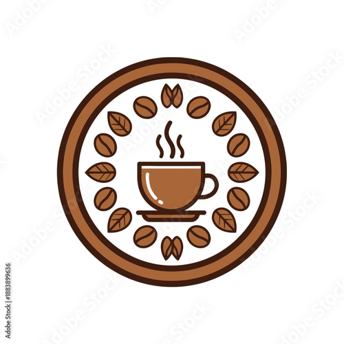 Minimalist coffee cup emblem surrounded by coffee beans in a circular design perfect for cafes and coffee shop branding