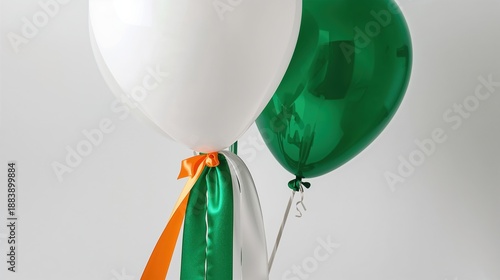 Balloons in green white and orange with ribbon attached for celebration