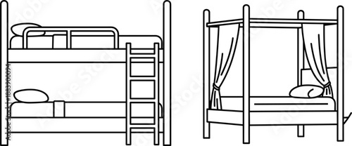 Black and white illustration of bunk bed and canopy bed, furniture vector artwork for interior design