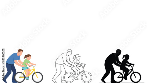 Father teaching daughter to ride bicycle, providing support and encouragement.