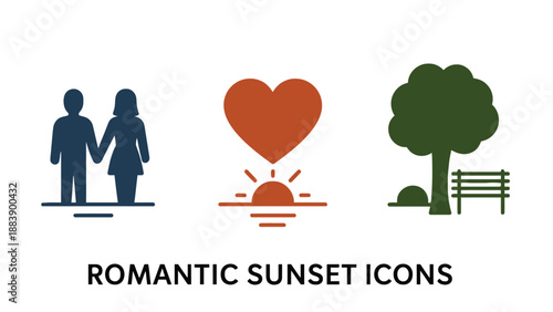 Romantic sunset icons featuring a couple, heart, and tree in a park