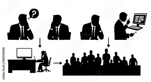 Illustrations depicting the process of decision-making and presentation in a business setting, from individual thought to group consensus