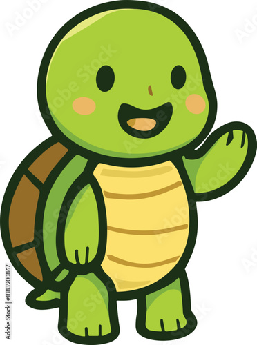 Cute turtle illustration with a bright, colorful shell, smiling cheerfully while walking on green grass. This adorable design is perfect for children's projects, decorations, or educational materials.
