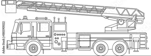 Black and white line drawing of fire truck with extendable ladder, emergency vehicle vector illustration