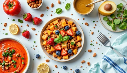 Wallpaper Mural Vibrant Healthy Food Composition: Fresh Salad Bowl, Tomato Soup, Avocado and Clean White Background for Nutrition, Diet and Wellbeing Concepts Torontodigital.ca