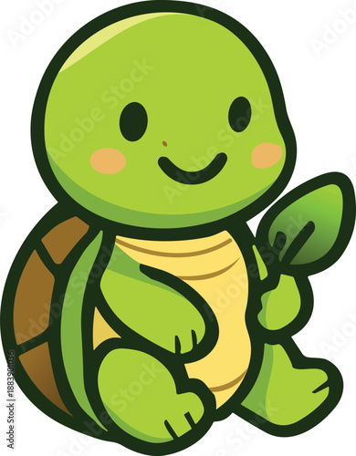 Cute turtle illustration with a bright, colorful shell, smiling cheerfully while holding leaf This adorable design is perfect for children's projects, decorations, or educational materials.