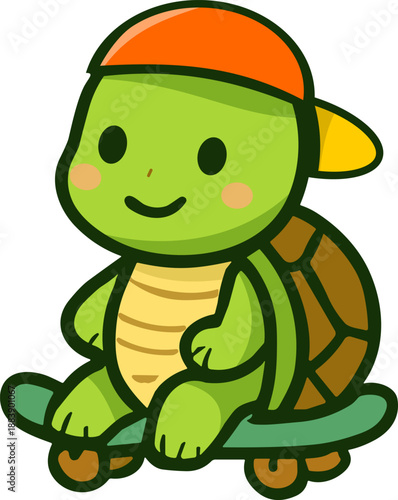 Cute and playful turtle riding a skateboard, illustrated in a colorful cartoon style. The character features a cheerful expression and dynamic pose, creating a fun and energetic mood. 
