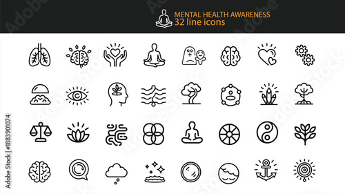 Mental Health Awareness 32 Line Icons Set Vector Graphics Keywords: mental health, awareness