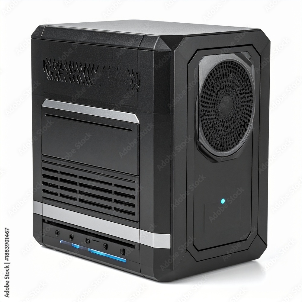 Fototapeta premium Futuristic Black Server Box or Edge Computing Device with Cooling Fan and Blue LED Lights on White Background 