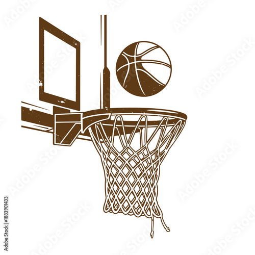 Drawing Vintage grunge  texture brown basketball hoop with net and ball in midair near backboard on white background
